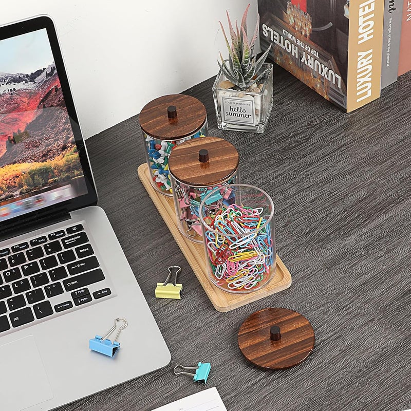 BTSKY 3 Pack PaperClip Holders with Bamboo Lids & Tray, Round Binder Holder for Desk, Clear Paper Clip Dispenser Small Office Supply Accessory Organizer Qtip Holder for Office Bathroom Vanity, Black - Image 4